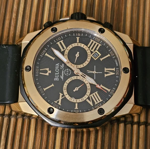 Bulova Marine Star Black and Gold Chronograph Mens Watch